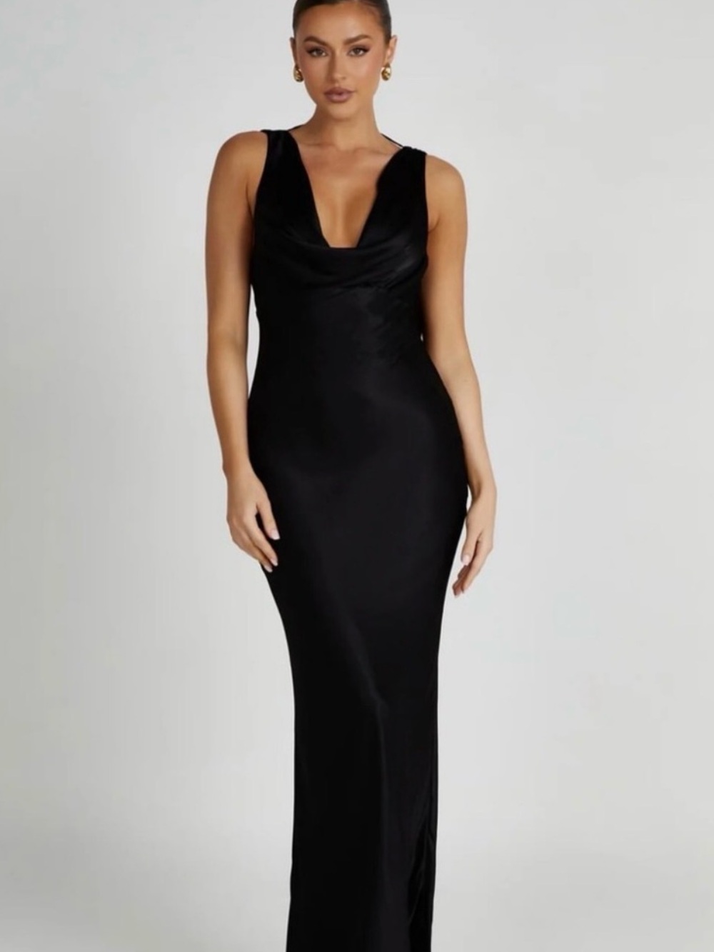 Meshki Black Satin Cowl Neck Maxi Dress